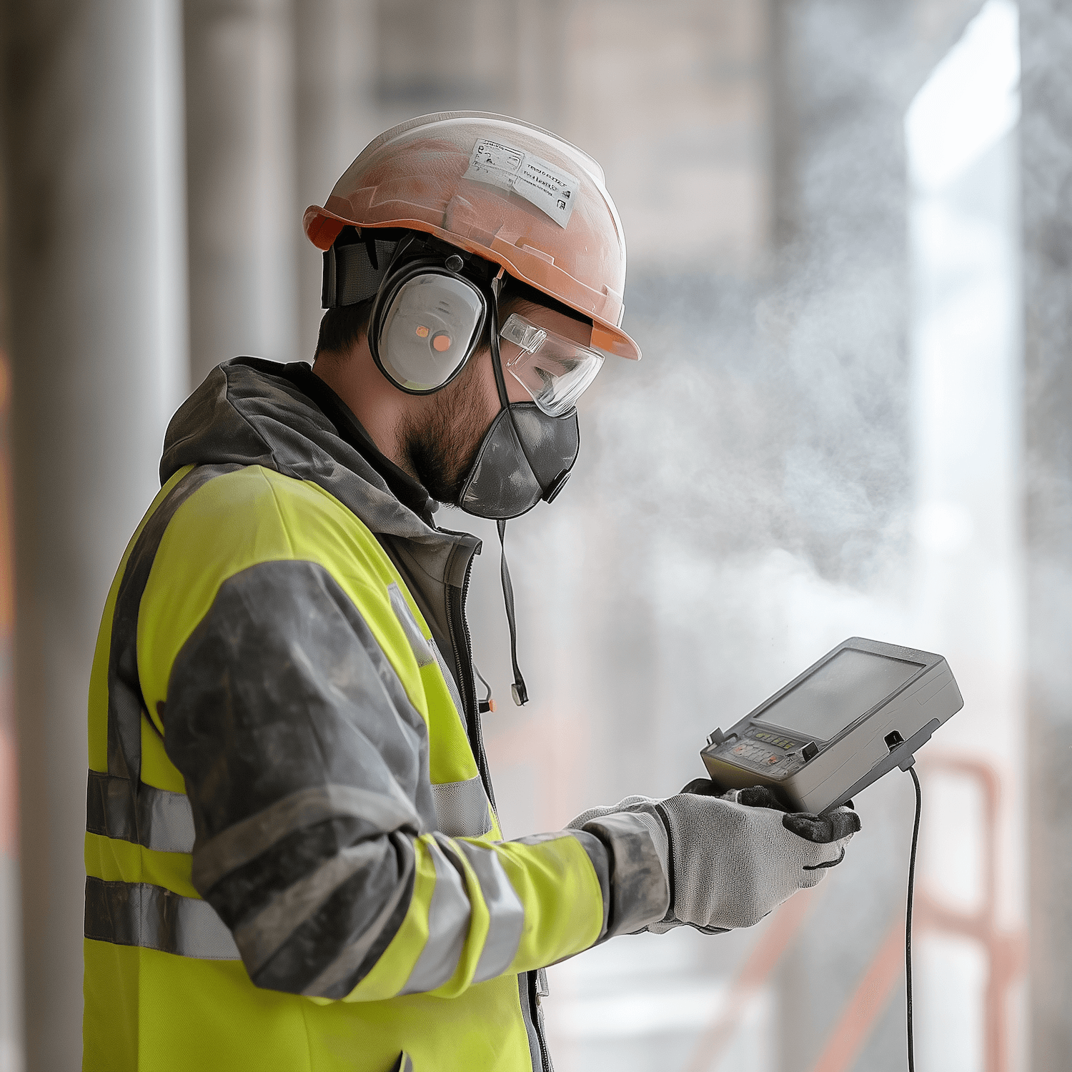 Techniker bei Feinstaubmessung auf Baustelle mit tragbarem Partikelmessgerät
