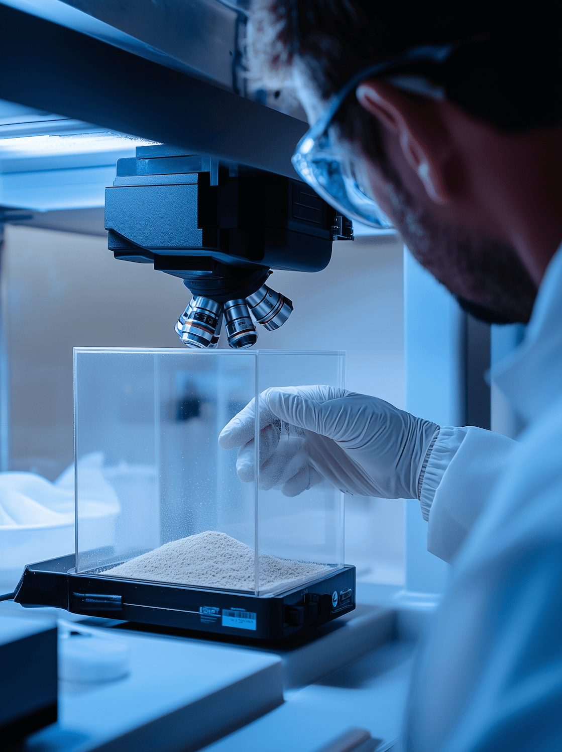 Laborant untersucht Feinstaubprobe auf Filter zur Analyse der Partikelbelastung