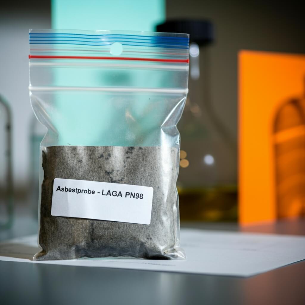 Versiegelte Asbestprobe mit Kennzeichnung nach LAGA PN98 für Laboranalyse
