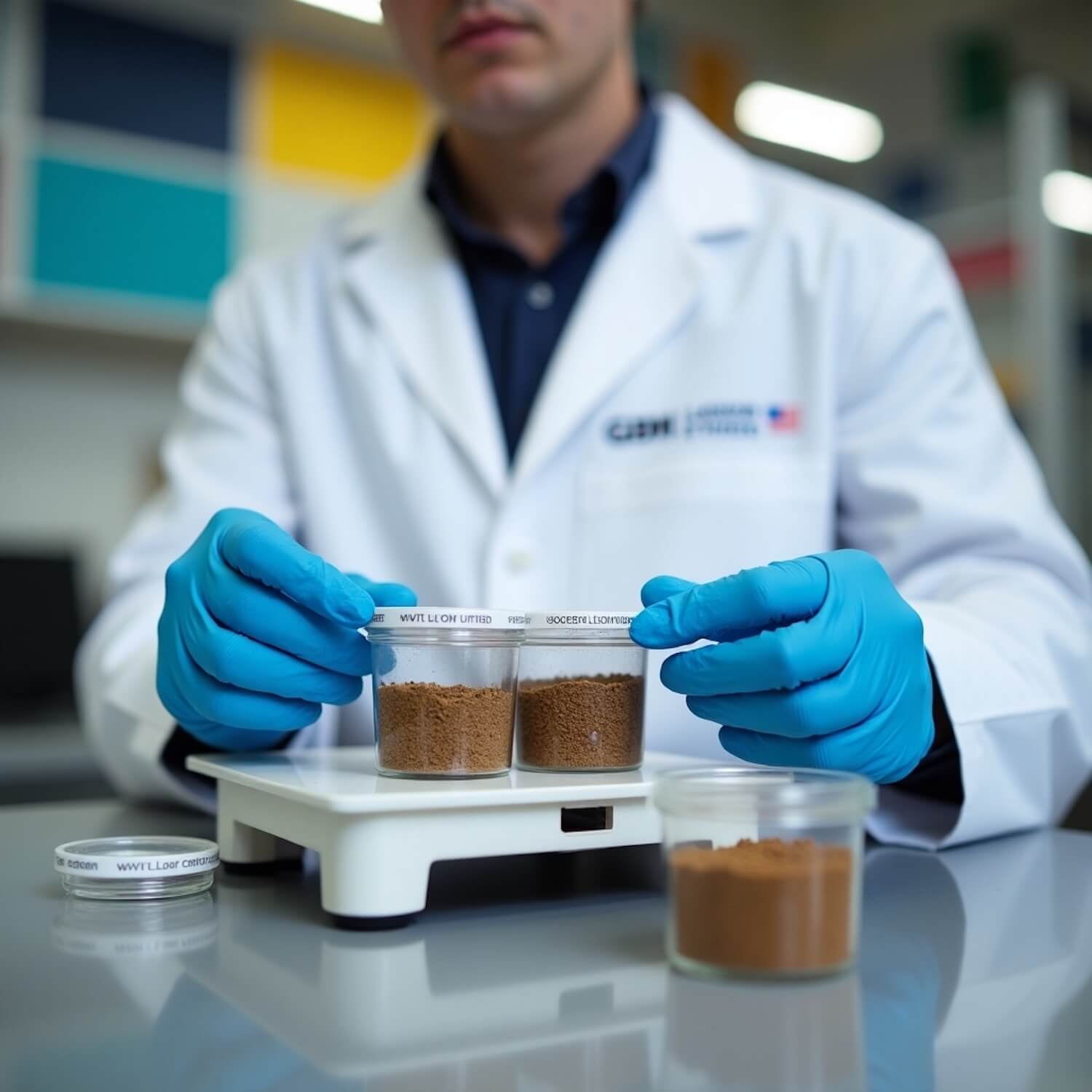 Mitarbeiter im weißen Laborkittel wiegt Bodenproben zur Korngrößenanalyse im akkreditierten GBM Labor Ettlingen ab