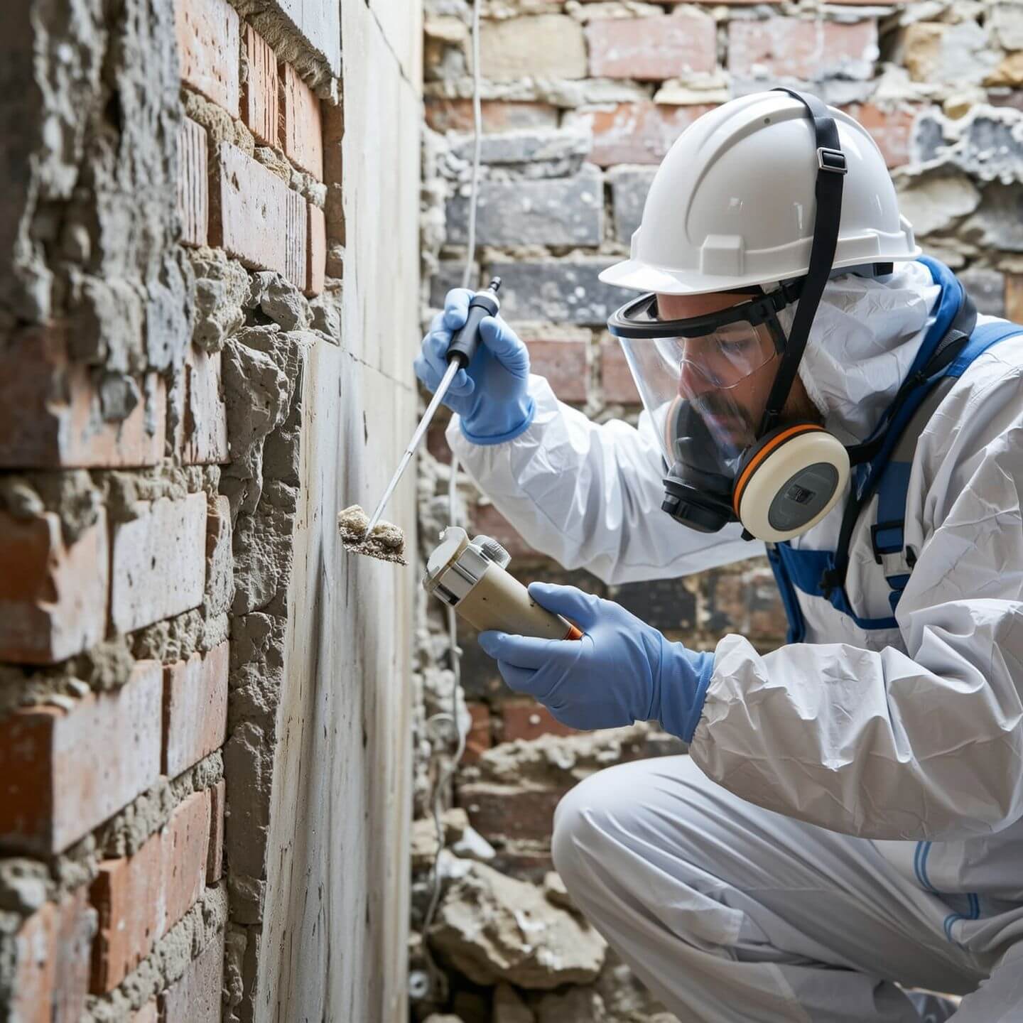 Fachkraft entnimmt Baustoffprobe zur Asbestanalyse gemäß TRGS 519