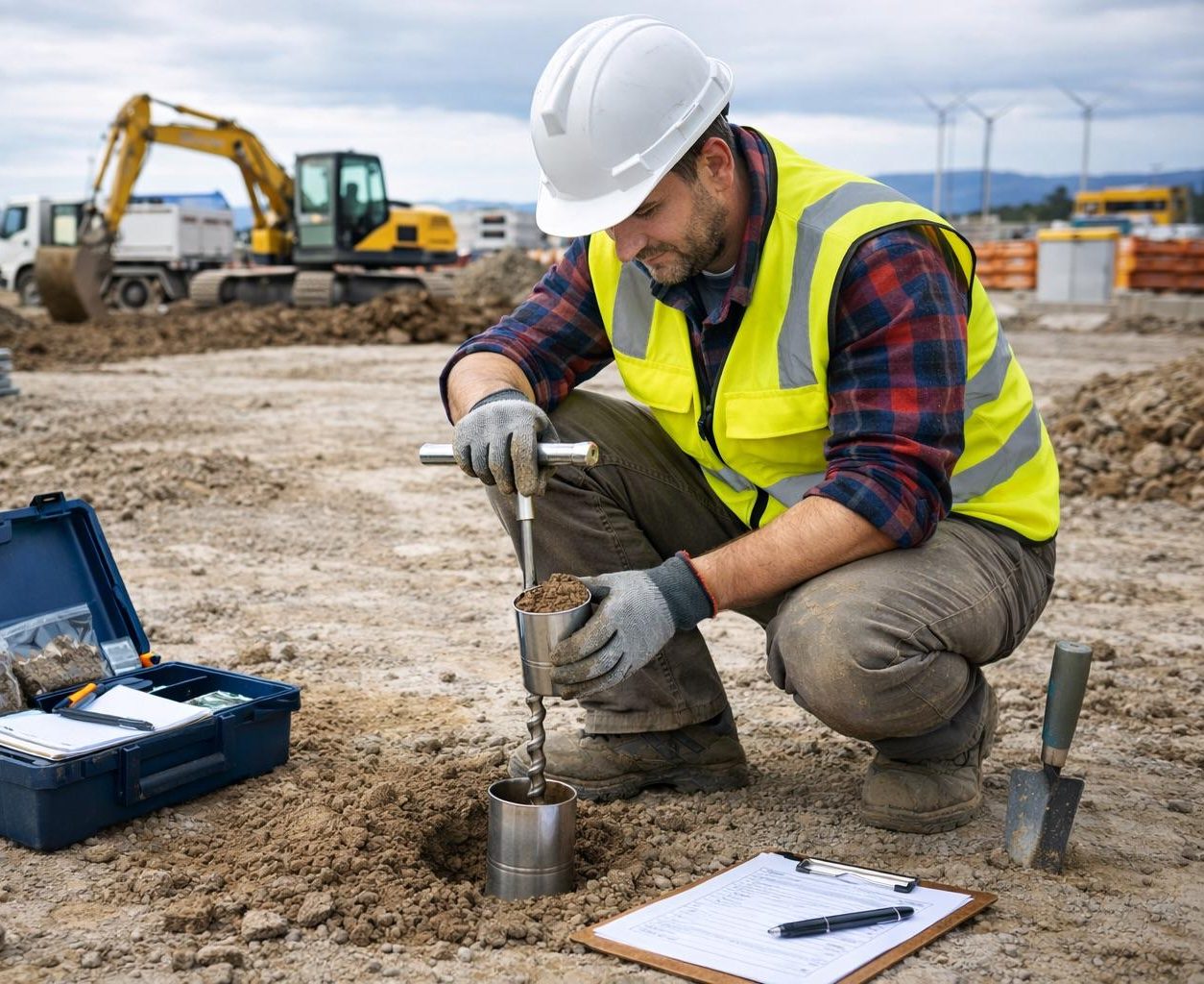 Bauingenieur misst die Proctordichte im Feld mit Proctor-Gerät auf einer Baustelle